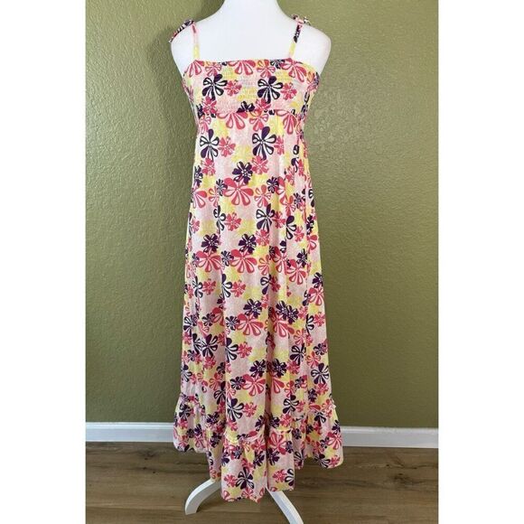 Esprit Women's 12 Flower Power Smocked Maxi Dress Vibrant Pink Yellow Ruffled - Picture 1 of 8